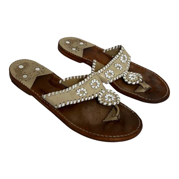 Palm Beach Co. Women's Flat Sandals Tan White Whipstitch 100% Leather Size 8 - Picture 2 of 8